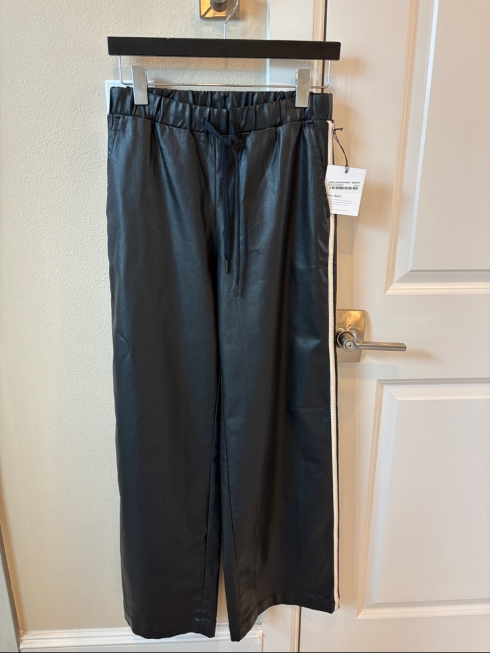 Black Leather Track Pants with Side Stripe